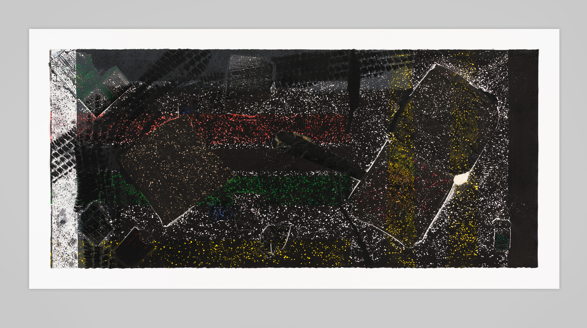 Abstract art with textured black background and colorful splatter patterns, framed on a white background.
