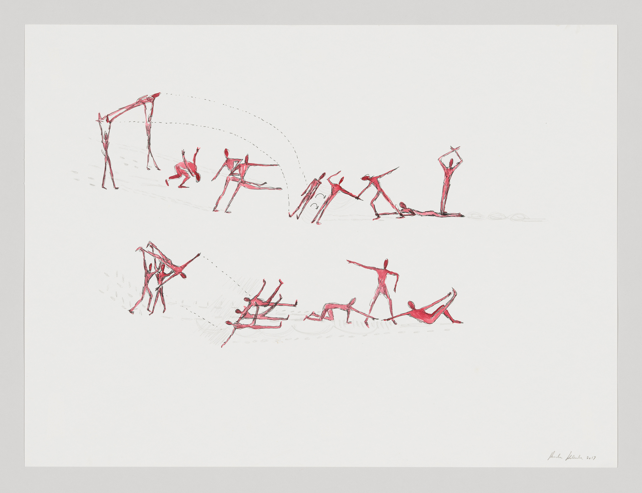 A minimalist artwork featuring red line drawings of human figures in various dynamic poses and movements on a white background. Some figures appear to be playing sports, while others are in abstract forms, suggesting motion and activity. The artist's signature is visible in the bottom right corner.