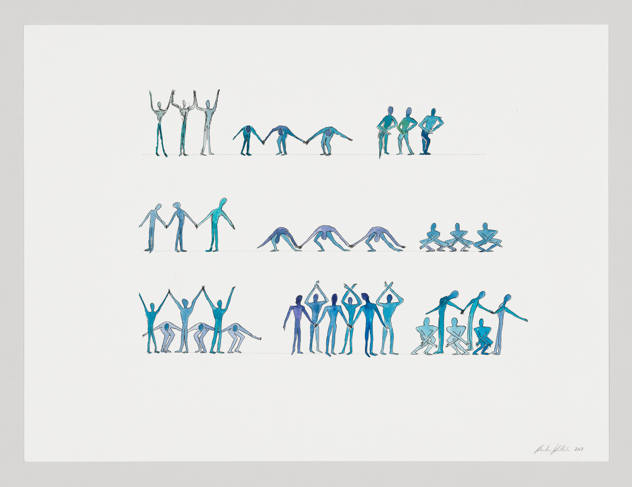 A series of minimalist, stylized human figures in various poses and activities, depicted in blue and black ink on a white background. The figures are arranged in rows, each row showing a different scene, such as figures holding hands, bending, sitting, and standing with arms raised. The artwork is signed and dated in the bottom right corner.