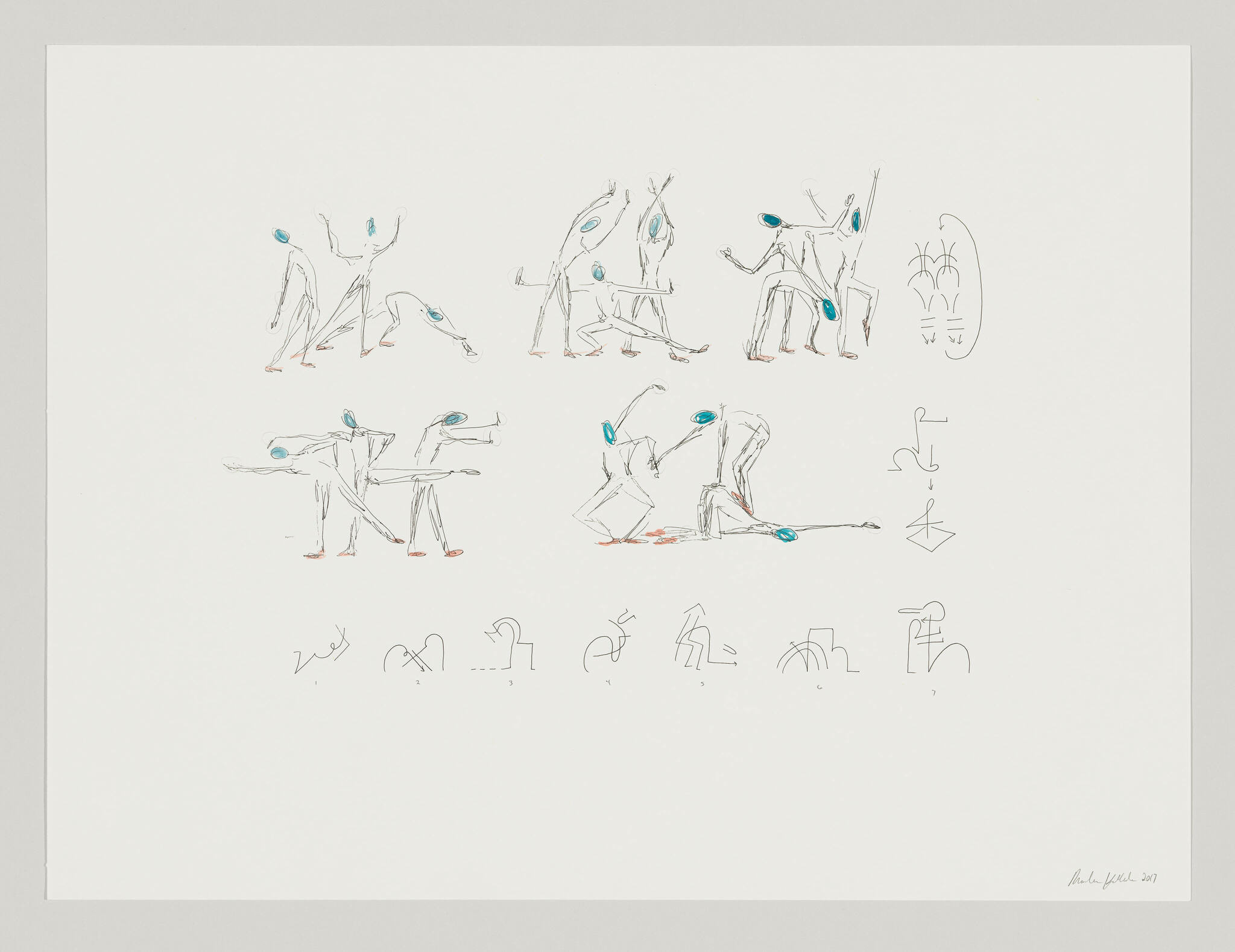 A series of simplistic, abstract line drawings depicting human figures in various poses and movements, with touches of blue and orange color, accompanied by hieroglyph-like symbols, all on a white background. The artwork is signed and dated in the bottom right corner.