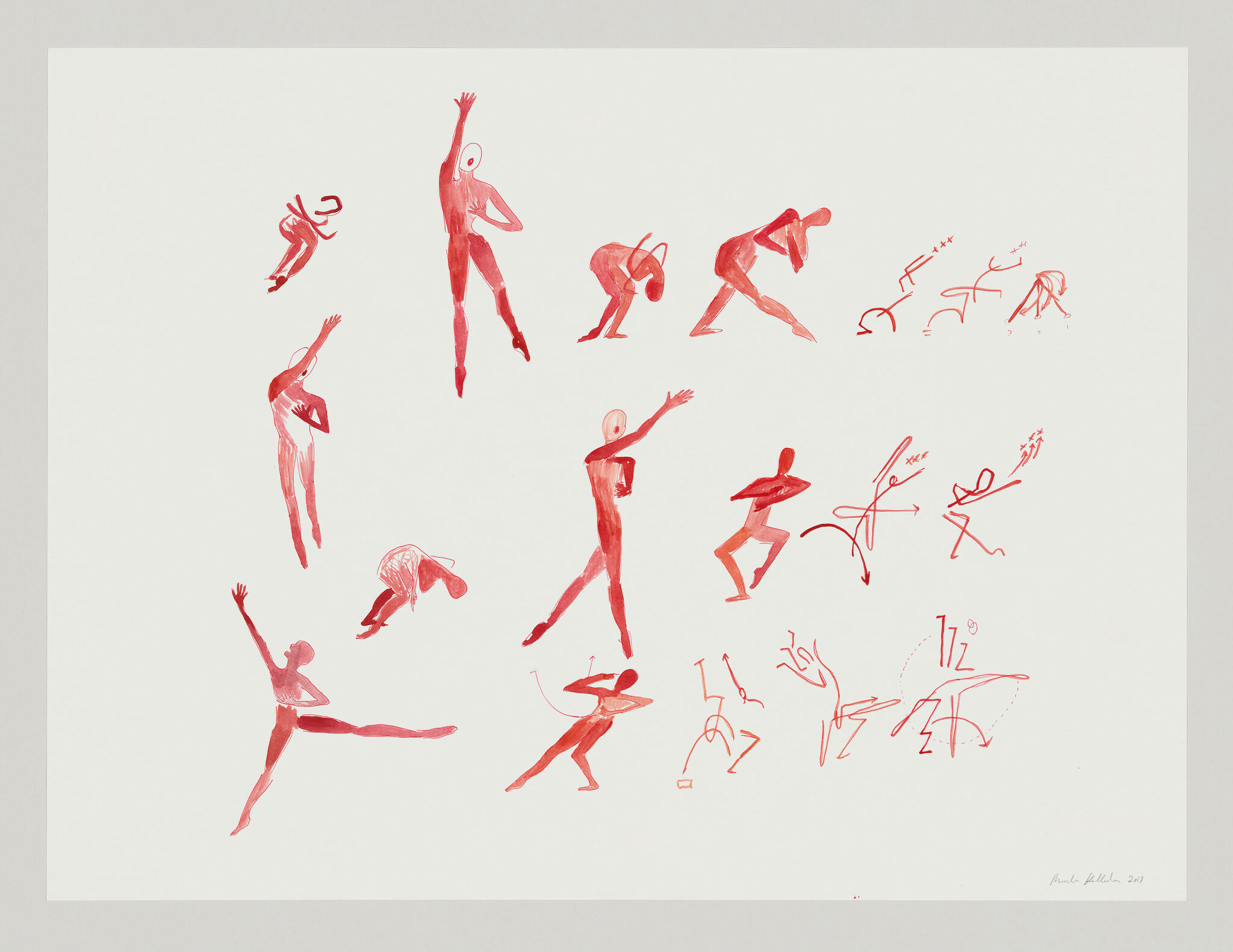 A collection of red abstract human figures in various dynamic poses and movements on a white background, suggesting a study of human motion and form. Some figures are detailed while others are depicted with simple lines and shapes. The artwork is signed and dated in the bottom right corner.