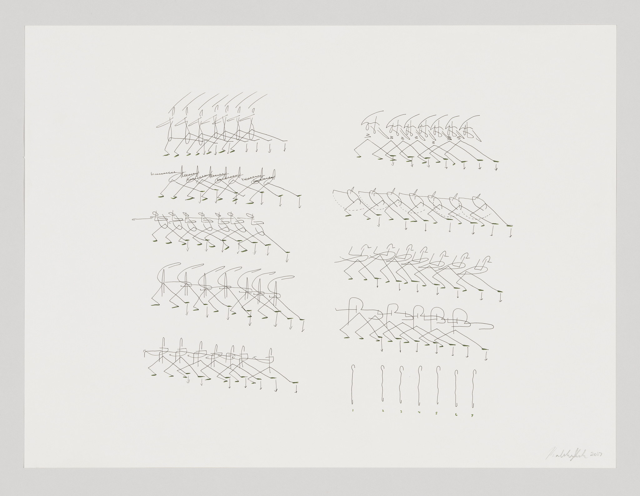 A drawing of nine crews of stick figures dancing and one group of lines atop of dots, evenly arranged in five rows against a white background