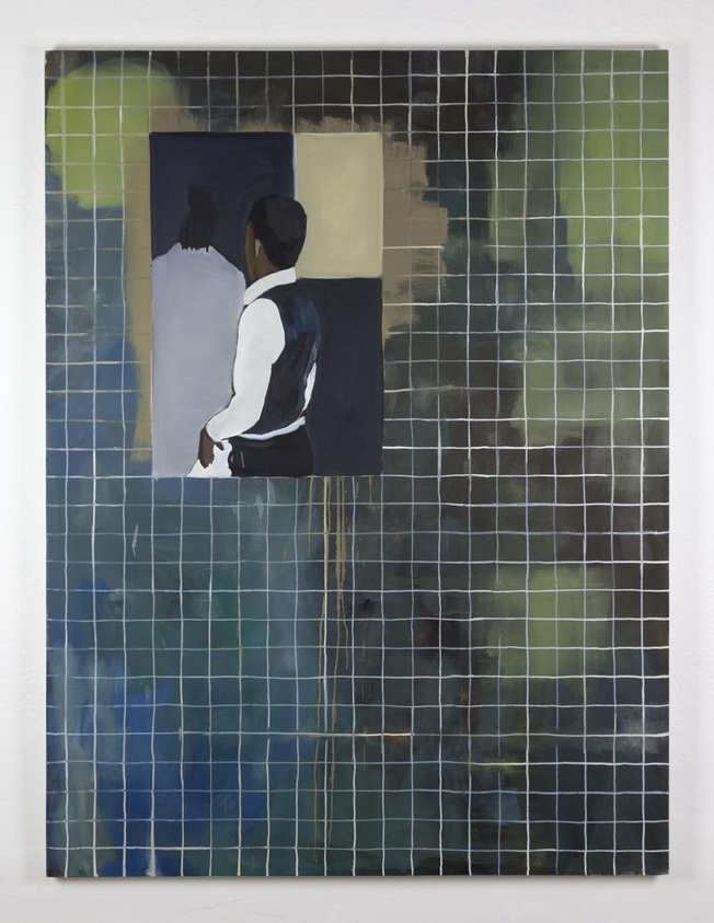 A painting featuring an abstract mosaic of dark and light squares with a figure in profile wearing a white shirt and black vest, set against a backdrop of varying shades of blue, green, and beige. The grid-like pattern overlays the entire composition, with some areas appearing to have drips or runs of paint.