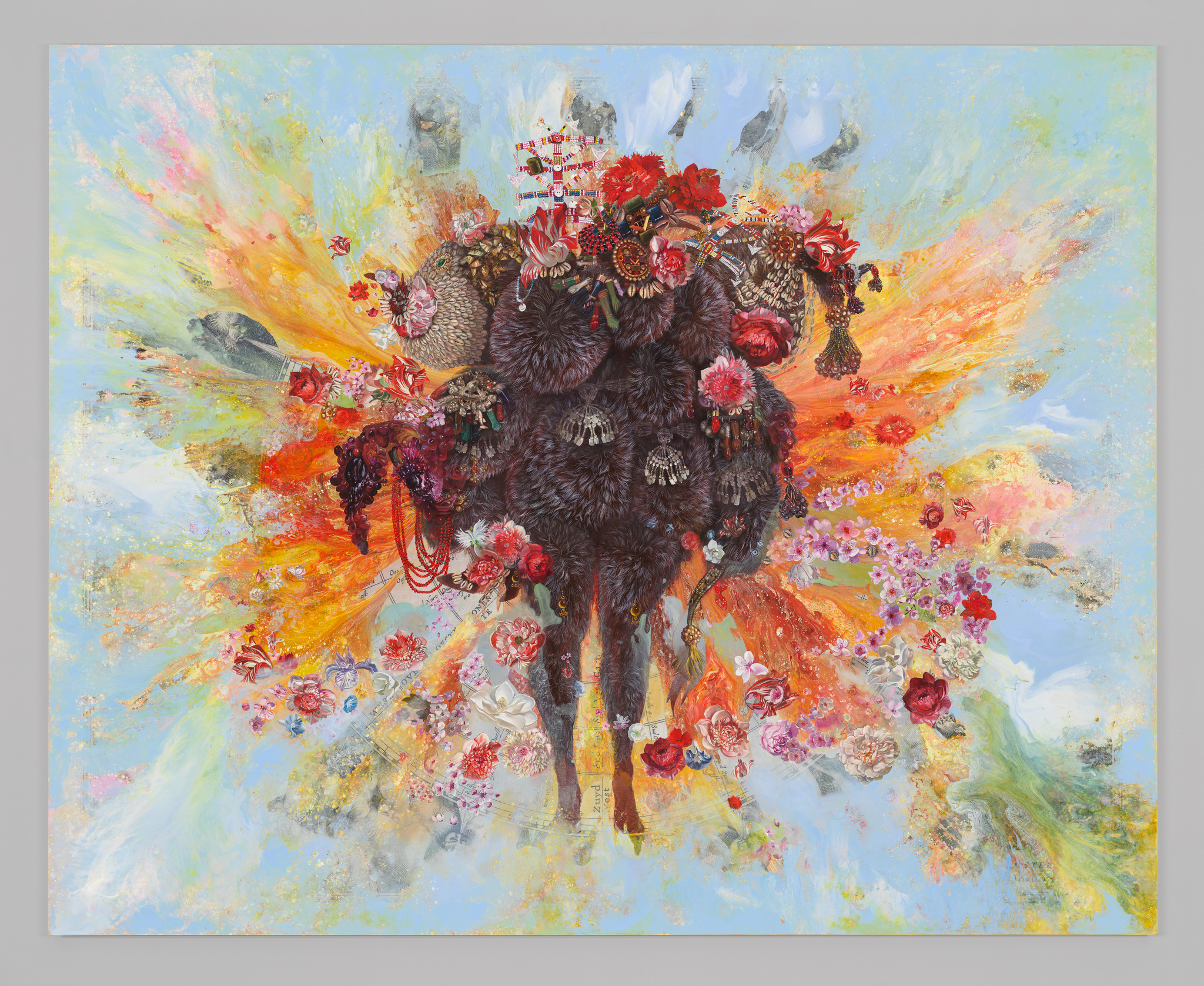 A bison covered in flowers and jewelry stands in front of a colorful, abstract background with bright orange and blue.