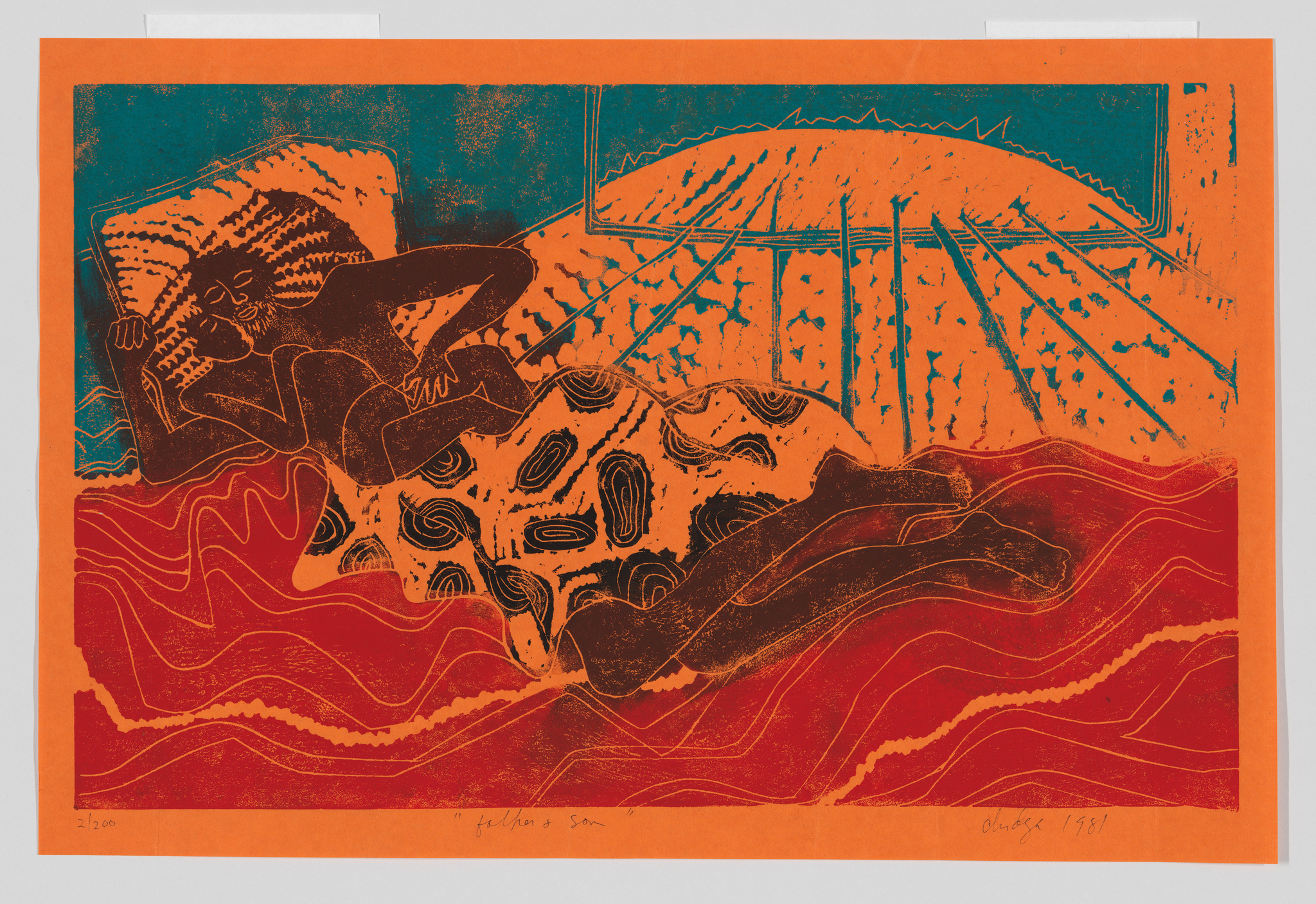 Vibrant orange and blue abstract print with a reclining figure and patterned elements, dated 1981.