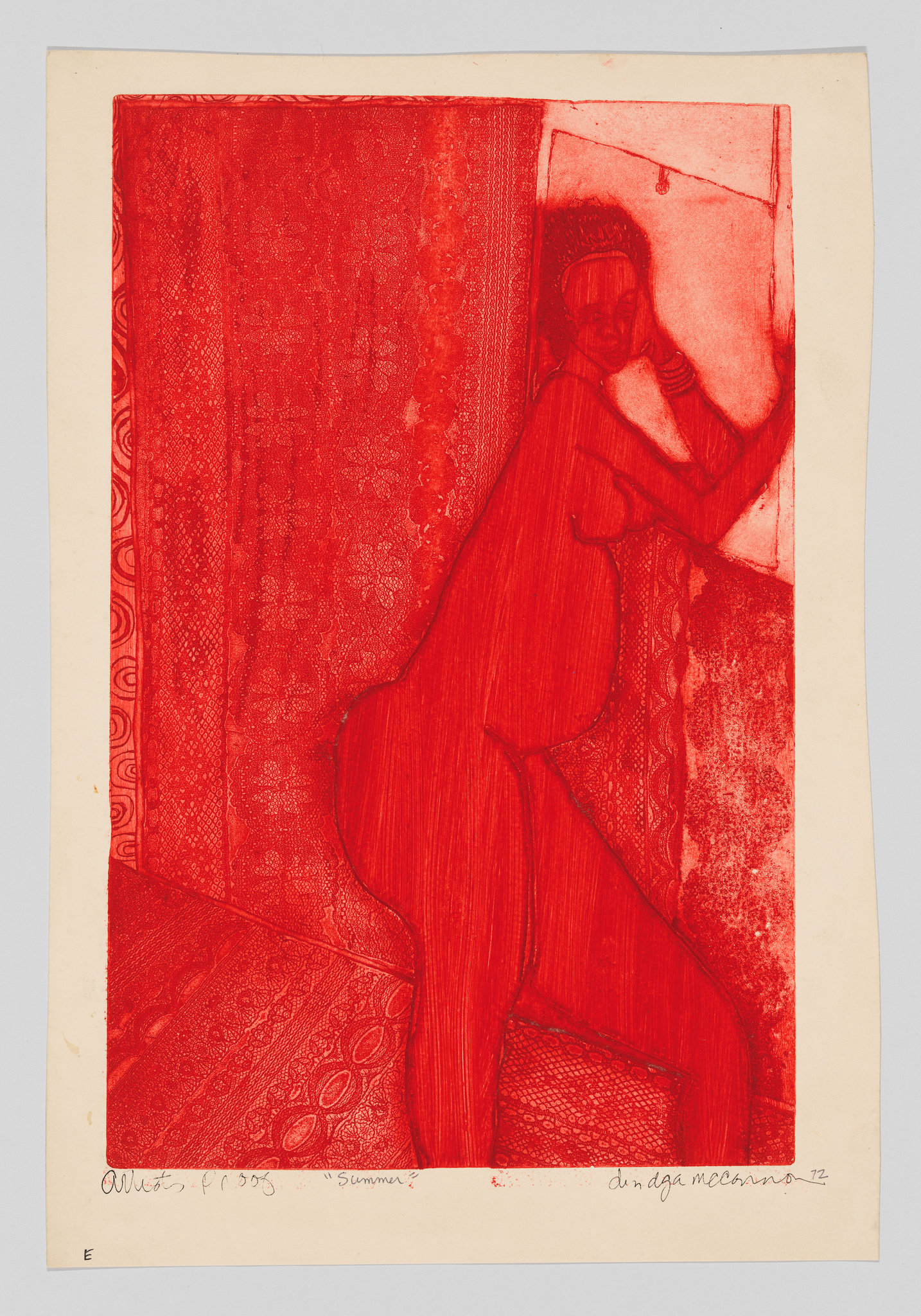 A nude, pregnant person stands by a window in a room with patterned walls, drawn in red tones.