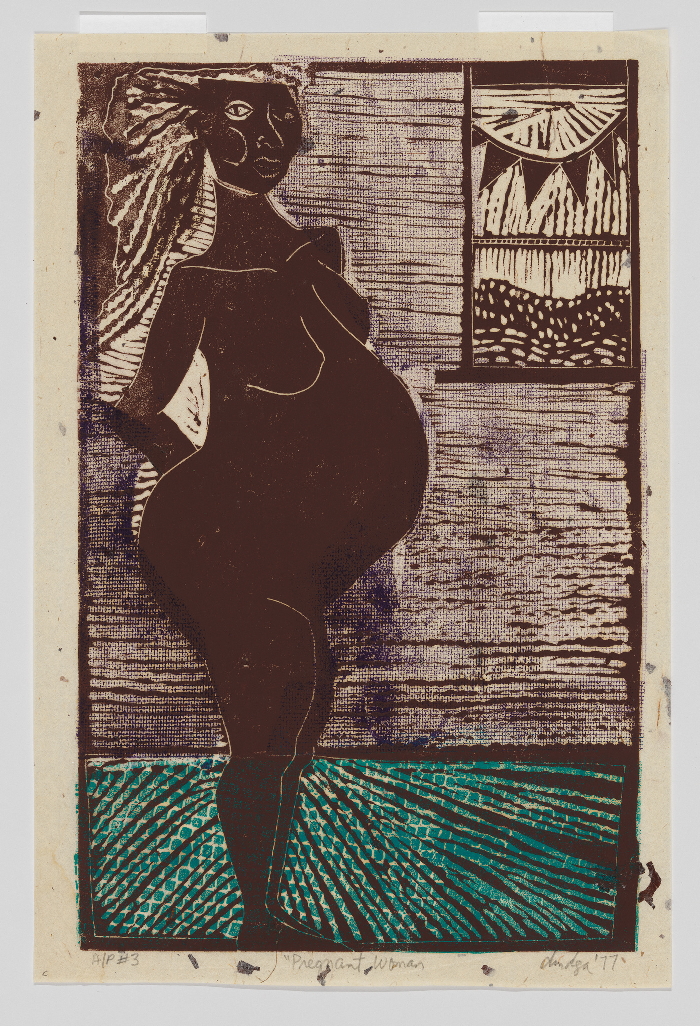 Print of a stylized pregnant woman standing by a window with abstract patterns.