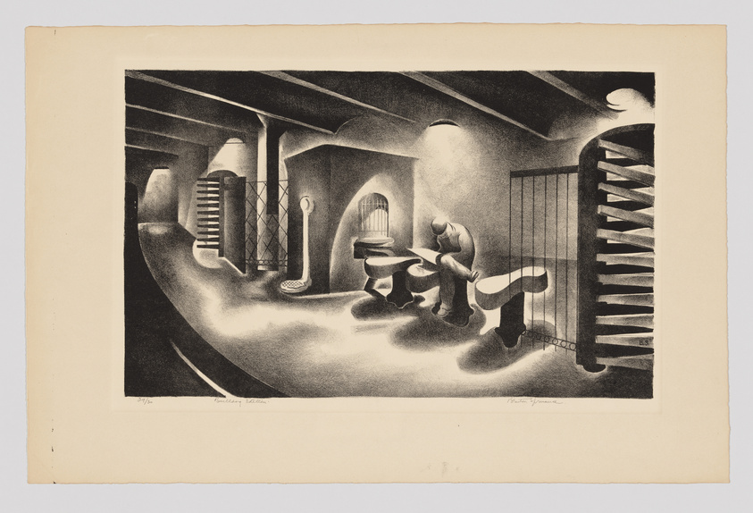 A black and white lithograph depicting a surreal, curved interior space with a figure sitting on a bench, a staircase, and a birdcage. The artwork plays with perspective and light, creating a dreamlike atmosphere. There are signatures and edition numbers at the bottom.