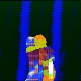 A highly pixelated and distorted image of a figure against a background with vertical blue and green stripes. The figure appears to be hugging something or someone, but the details are obscured due to the image's glitched visual effect.
