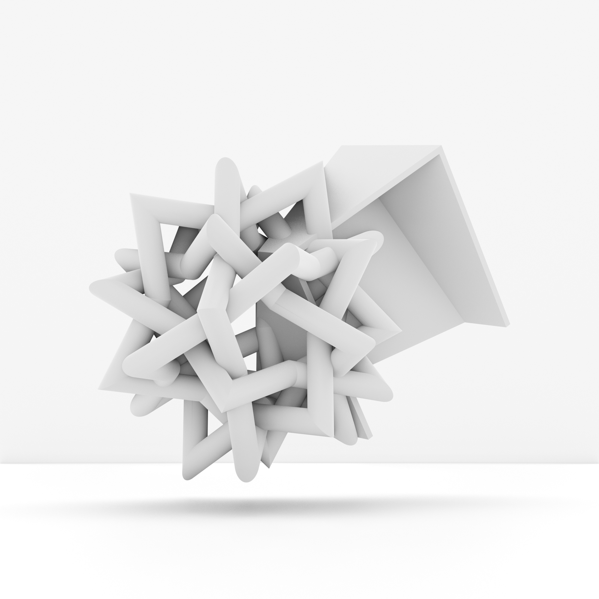 3D rendering of a chaotic tangle of white cylinders bursting out from an open white box on a white background.