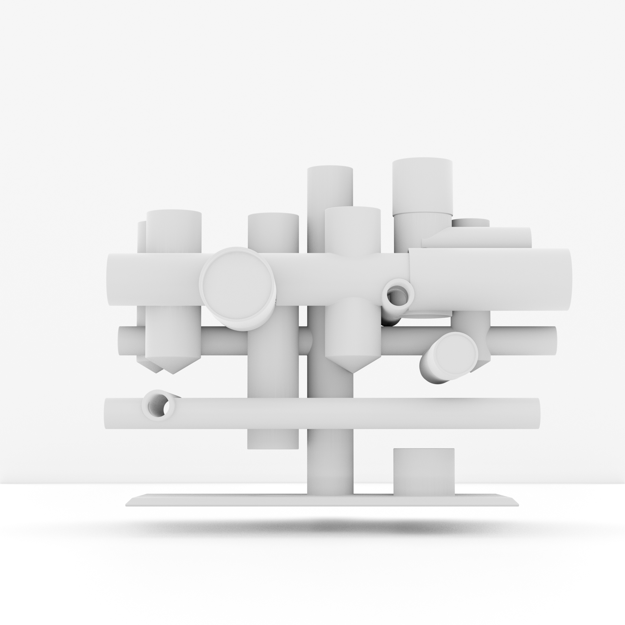 3D rendering of an abstract composition with various white cylindrical shapes on a light background.