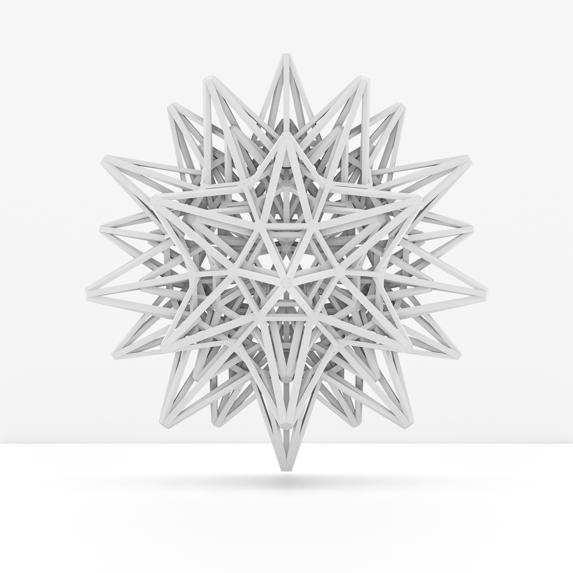 3D geometric star-like structure with intricate white interlocking bars on a white background.