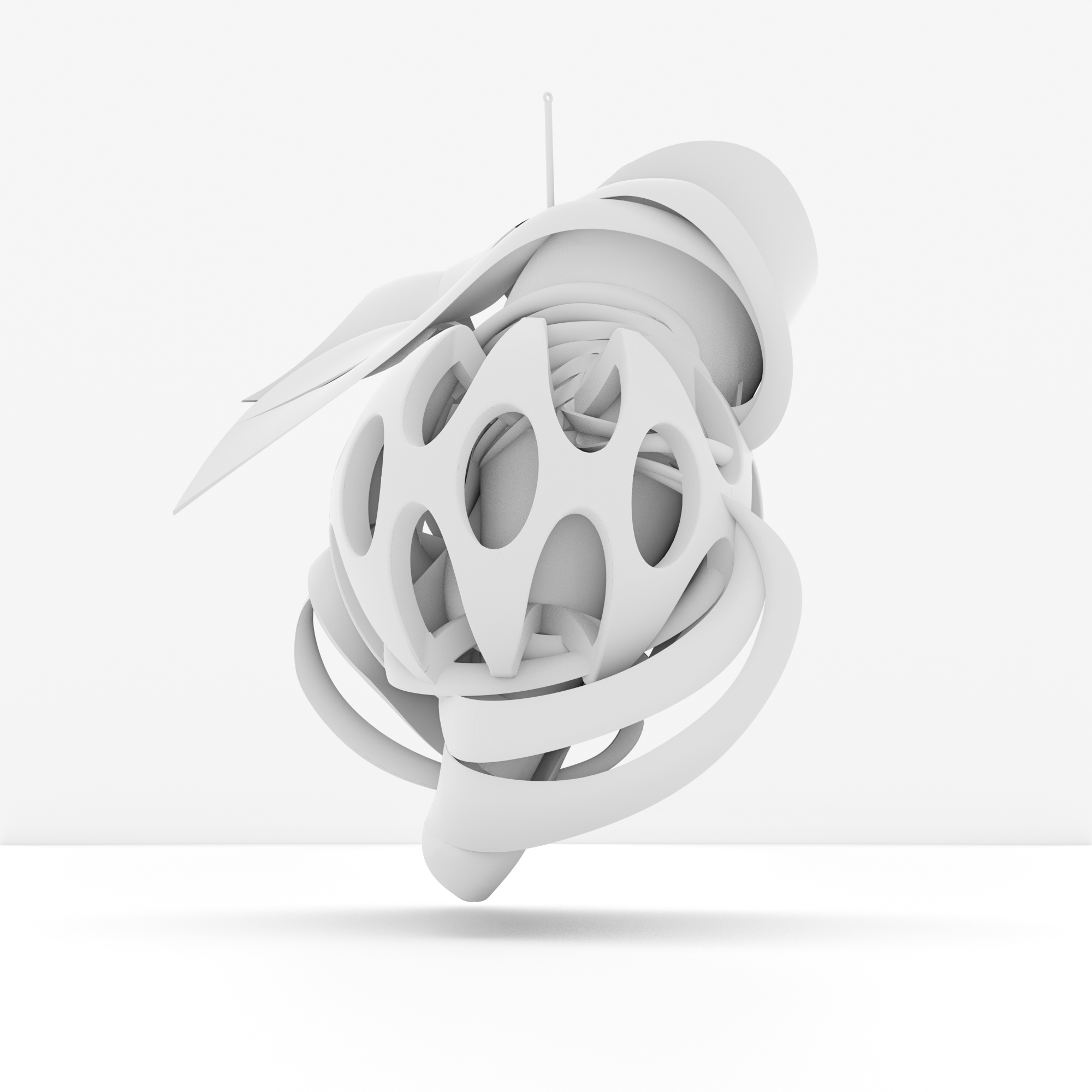 3D abstract white spherical sculpture with intricate looping shapes on a plain background.