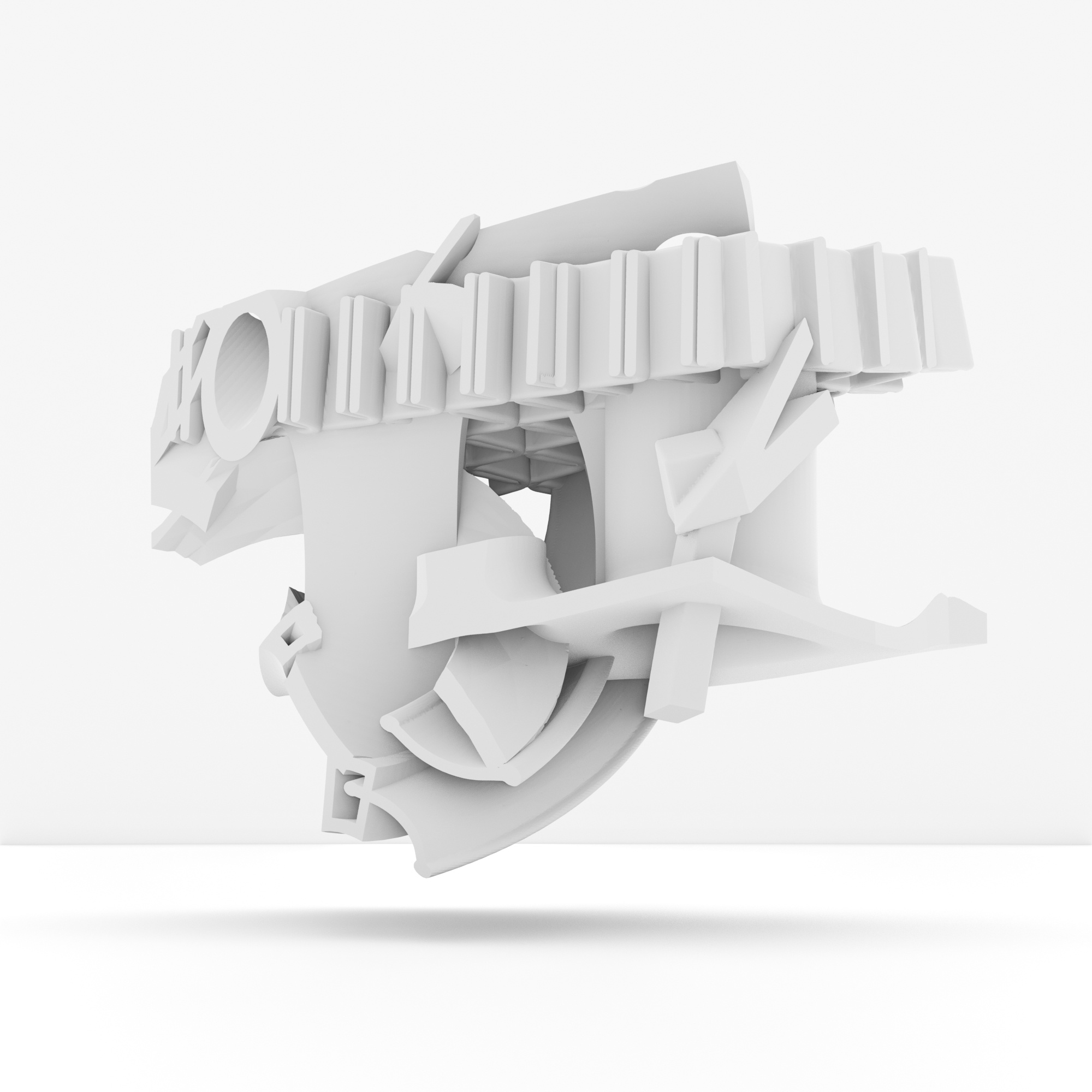 3D abstract composition of jumbled and intersecting white shapes and letters on a white background.