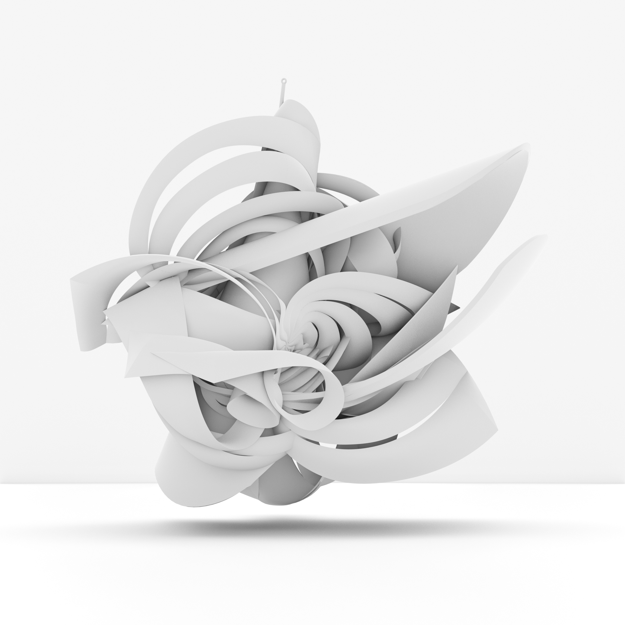 A 3D rendering of a complex, abstract white swirl sculpture on a plain background.