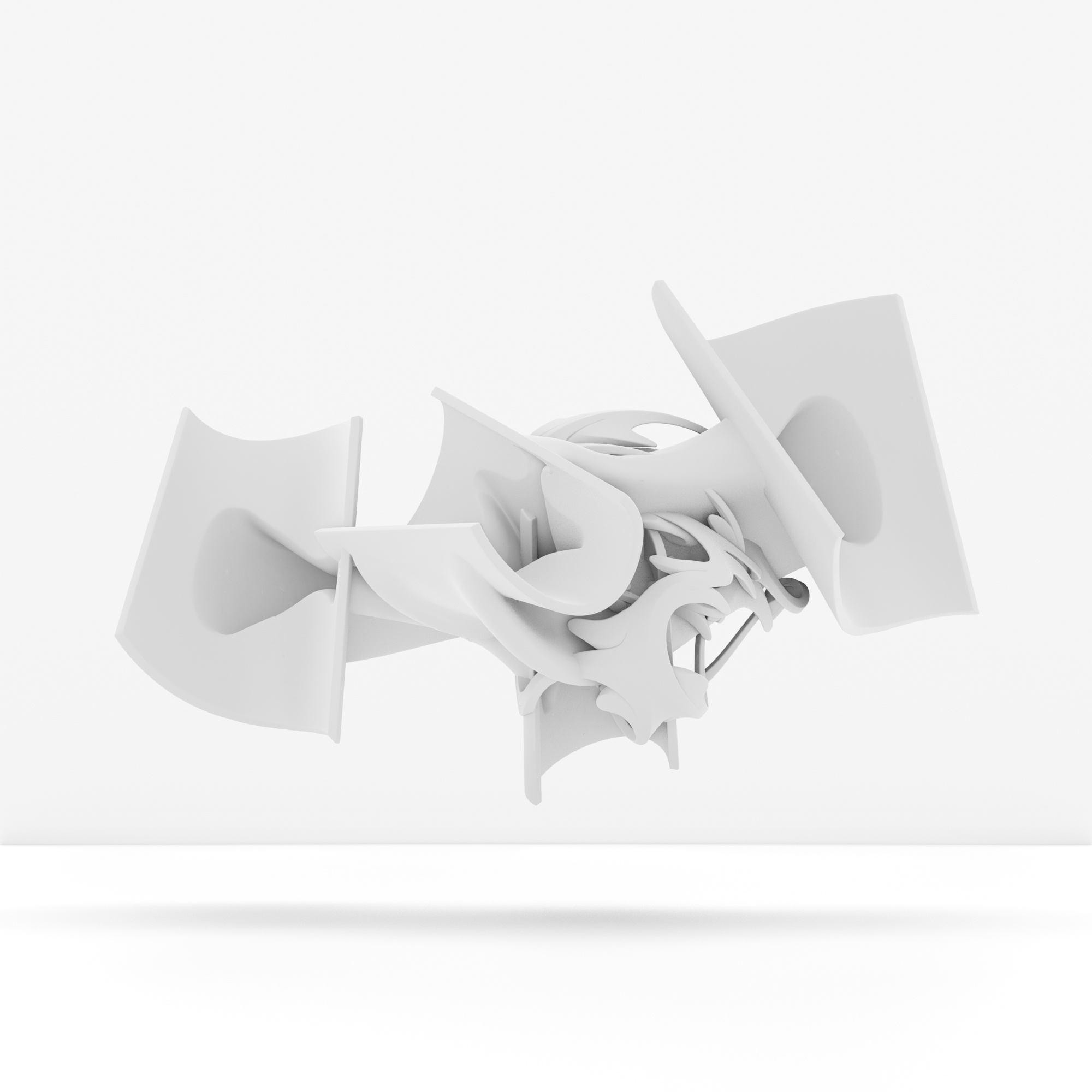 3D abstract white sculpture with intertwined shapes on a white background.