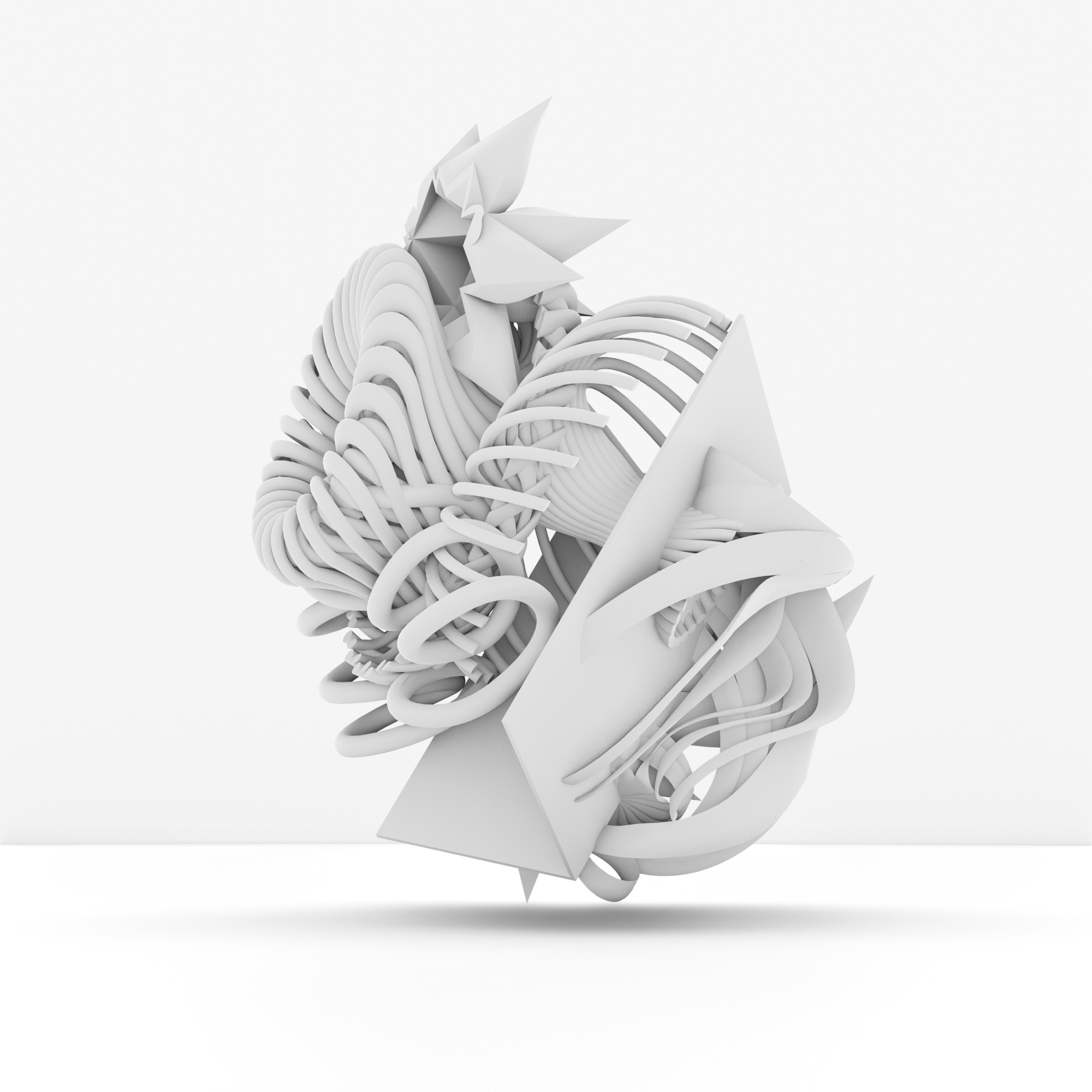 A complex white 3D abstract sculpture with intertwined and overlapping geometric shapes on a white background.