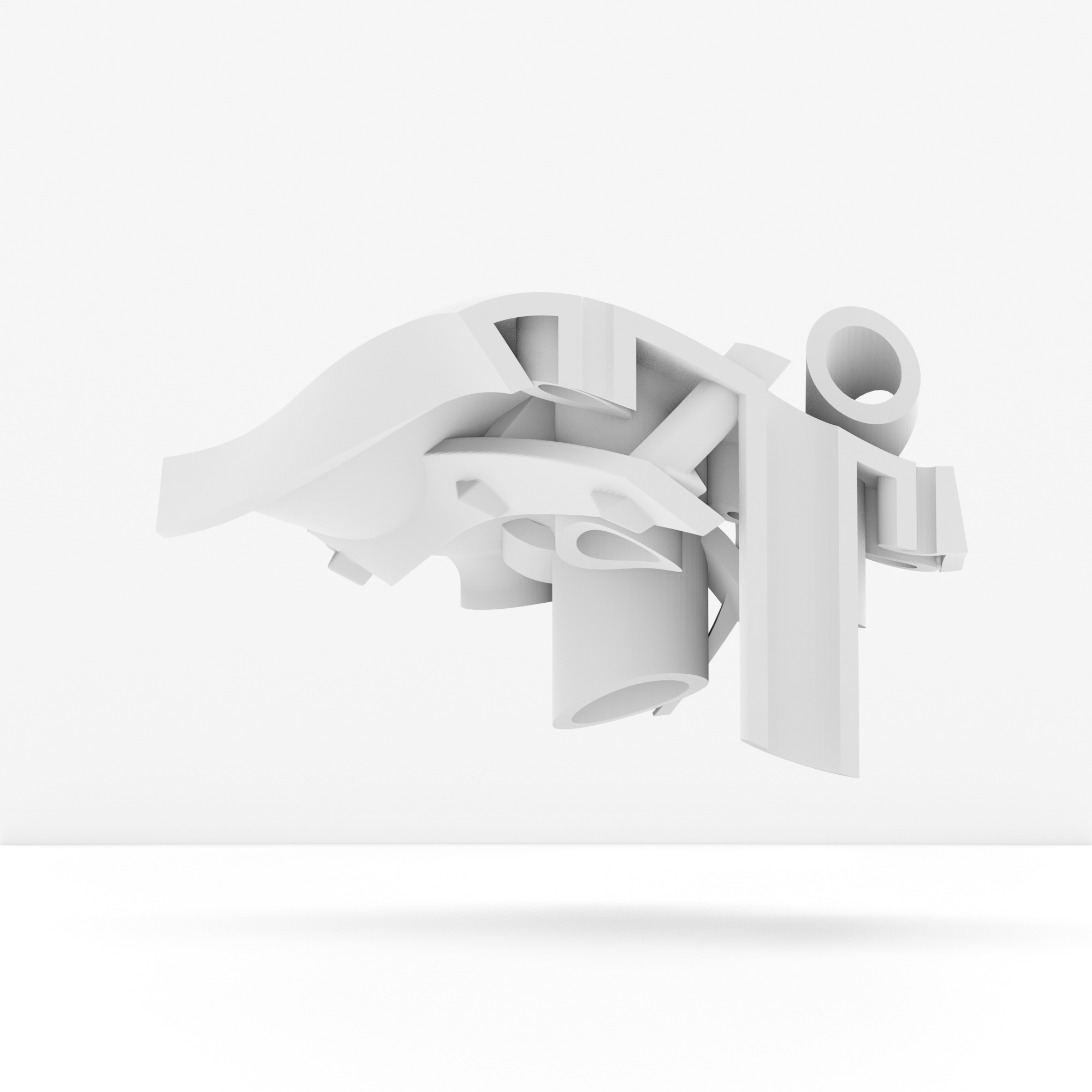A 3D abstract white sculpture with intertwined shapes on a white background.