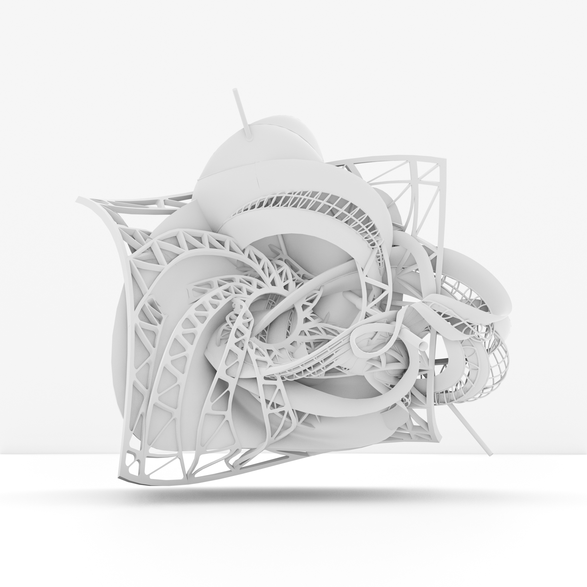 A complex white 3D structure with intertwined and overlapping geometric shapes on a plain background.