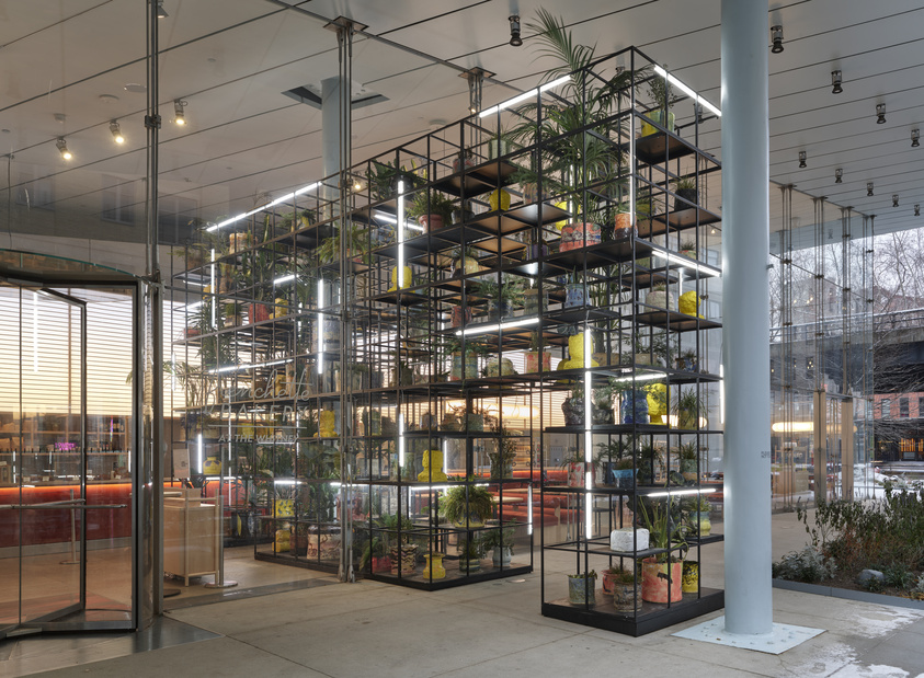 Tall metal shelves filled with potted plants and lights stand inside a modern glass-walled building.