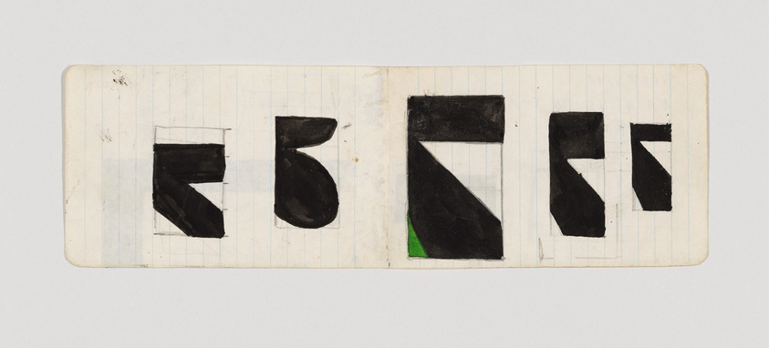 An open notebook with abstract black shapes, some resembling distorted numbers or letters, on lined pages with a hint of green.