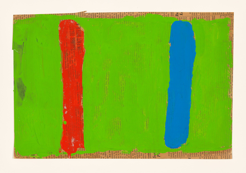 Abstract painting with bright green background, one vertical red stroke on left, one blue stroke on right, on newspaper-lined canvas.