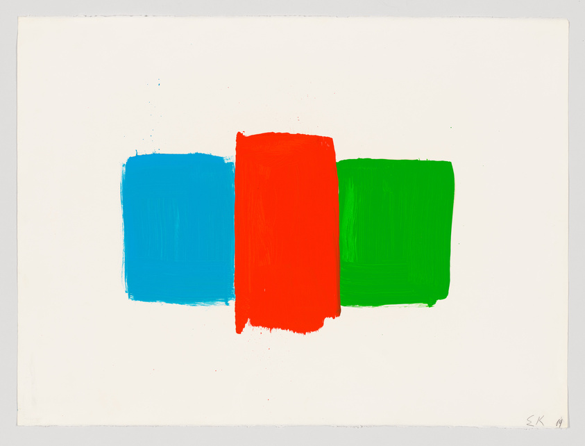 Three adjacent, overlapping color blocks in blue, red, and green on a white background.