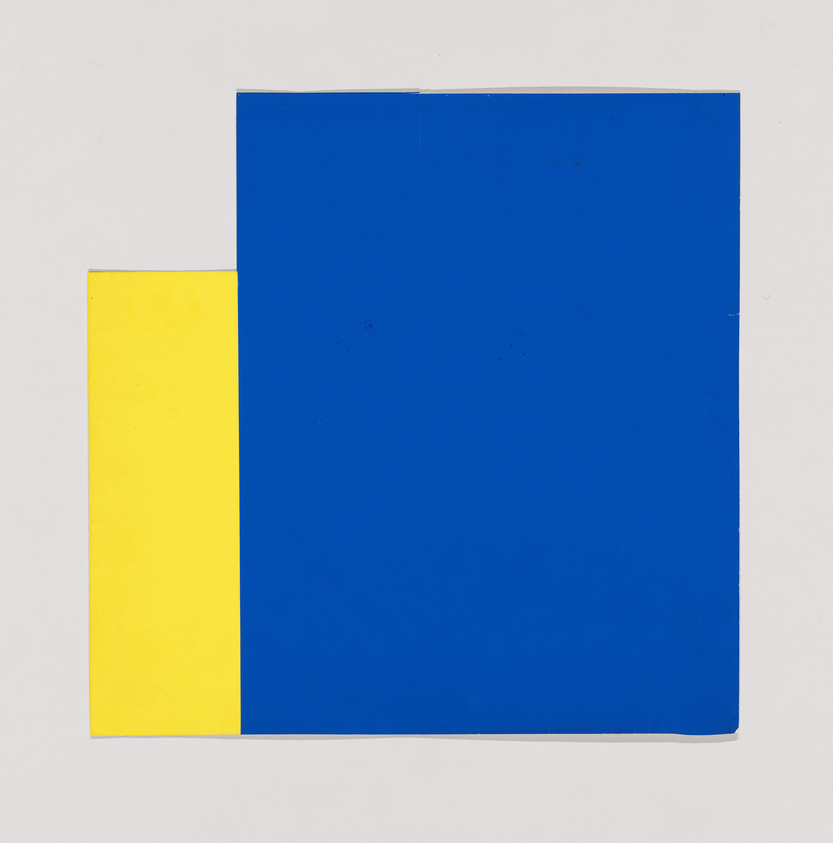 A minimalist artwork with a large blue square overlapping a smaller yellow square on a white background.