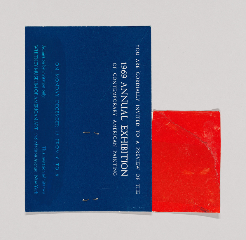 A vintage invitation to a 1960s Whitney Museum annual exhibition, with blue and red color blocks.