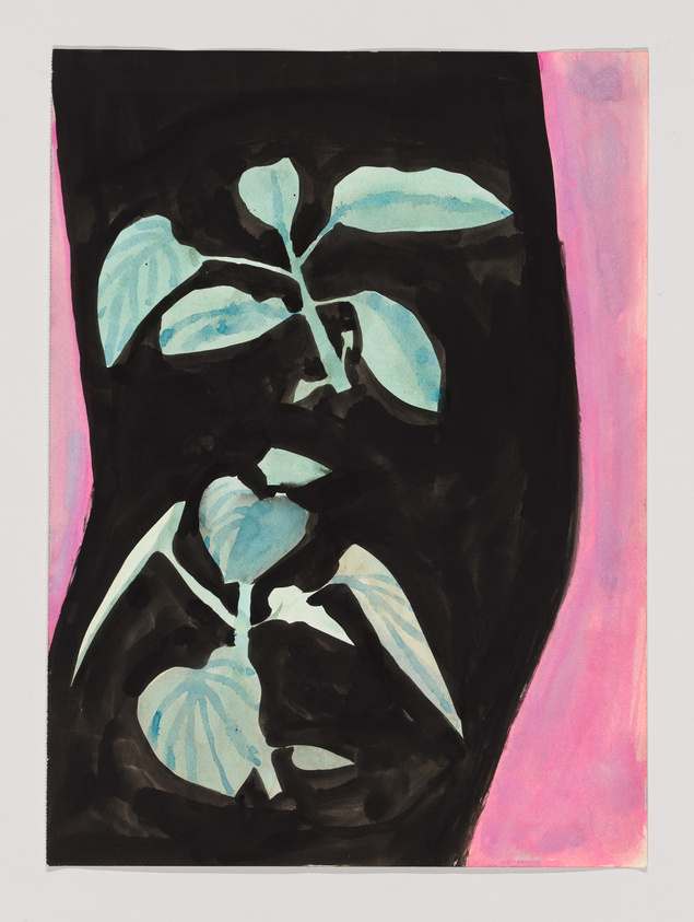 Abstract painting with blue leaves against a black background, bordered by a pink stripe on the right side.