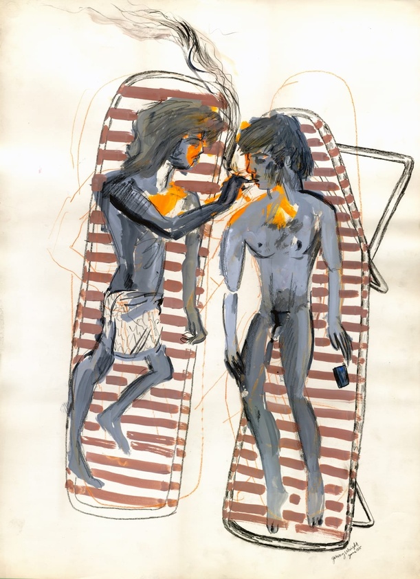 Two abstract figures lie on striped lounge chairs, one applying makeup to the other. The scene is rendered in muted tones with orange highlights.