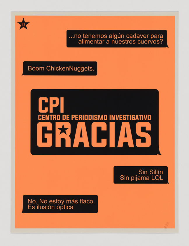 Orange poster with black text bubbles and large "CPI GRACIAS" in the center. Various humorous phrases.