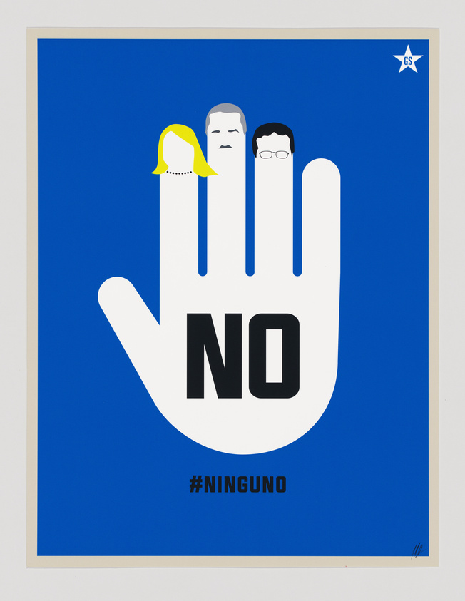 A hand with "NO" and "#NINGUNO" features three faces on fingers against a blue background.