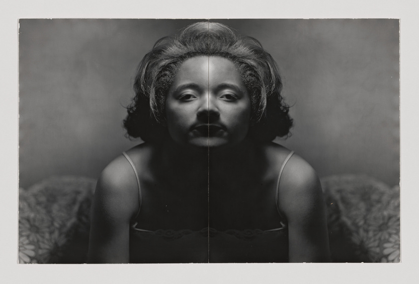 A woman with a symmetrical face effect, wearing a sleeveless top, sits against a patterned background.