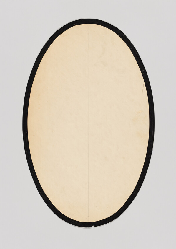 Large, empty oval shape with a black border and faint cross lines on a plain background.
