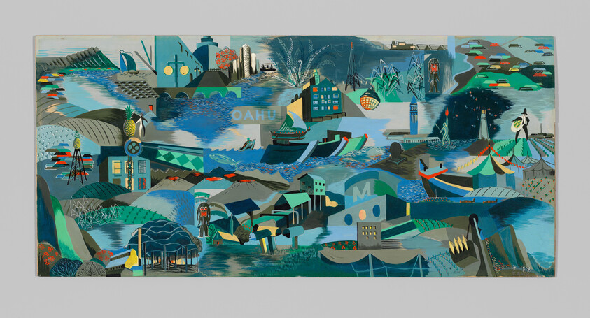 Colorful painting shows boats, buildings, and people on an island. The word "OAHU" appears in the center.