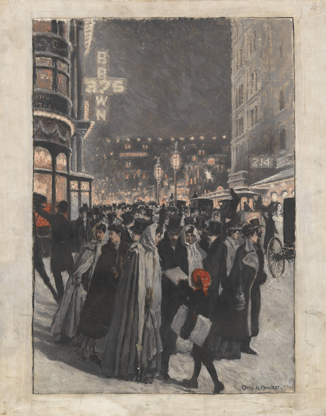 A painting depicting a bustling evening street scene with pedestrians, mostly in dark attire, crossing the street. The crowd includes men in top hats and women in long coats and hats. In the foreground, a woman with a red flower on her hat stands out. The background features illuminated shop signs and a building corner, suggesting an urban setting at dusk or night. The artist's signature is visible in the lower right corner.