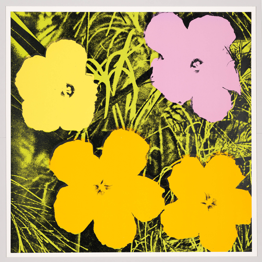 A vibrant artwork featuring stylized flowers in bold yellow and pink against a contrasting green and black background with grass-like textures.