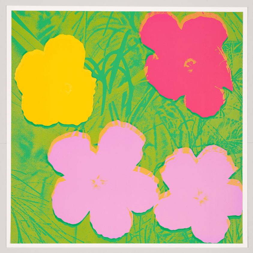 A vibrant pop art style image featuring three large, stylized flowers with bold outlines in yellow, pink, and red against a background of green foliage with a neon effect.