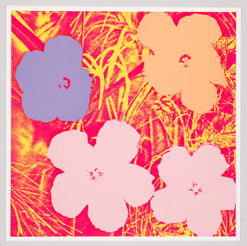 A stylized graphic image featuring three large flowers in pink and purple hues against a vibrant yellow and red background with abstract grass-like patterns. The overall effect is reminiscent of a pop art style with a high-contrast, color-saturated aesthetic.