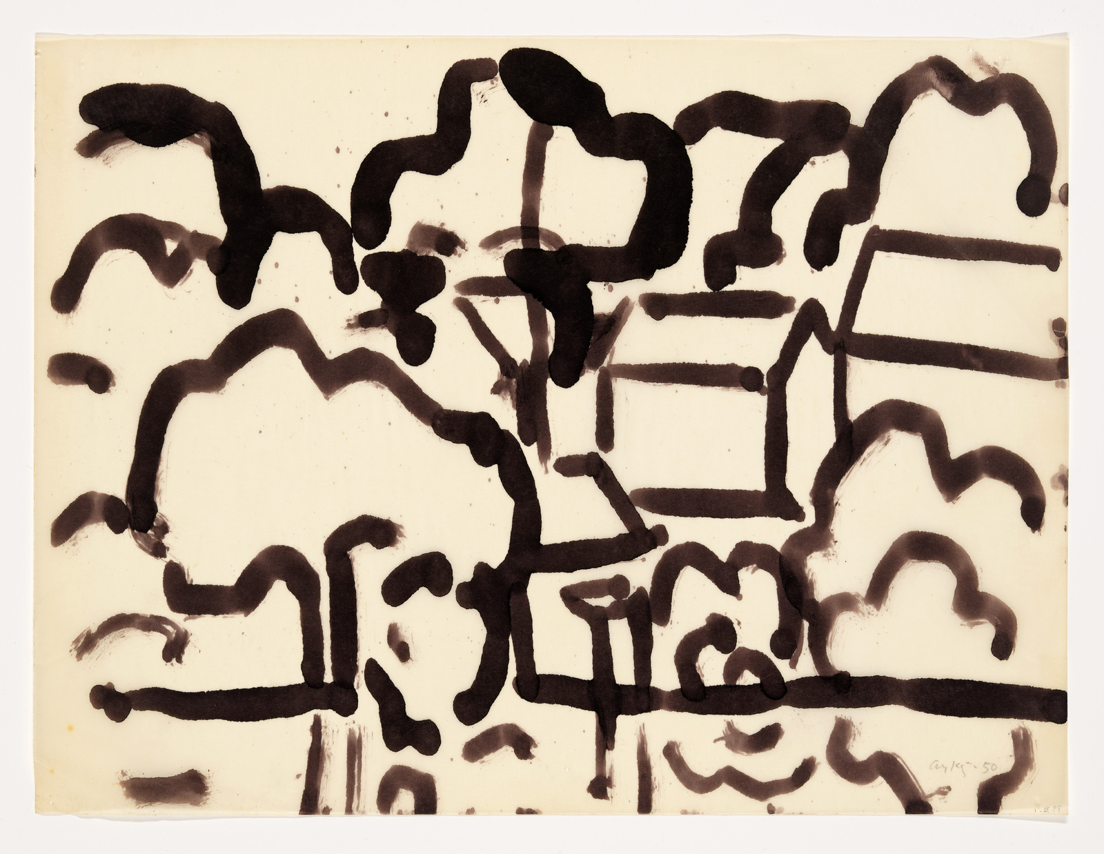 An abstract artwork featuring irregular black ink lines and shapes on a cream-colored background. The lines vary in thickness and form an assortment of loops, curves, and linear strokes, some of which suggest rudimentary forms or symbols. The composition is spontaneous with a sense of free-flowing movement. There is a signature and date in the bottom right corner indicating the piece was created in 1950.