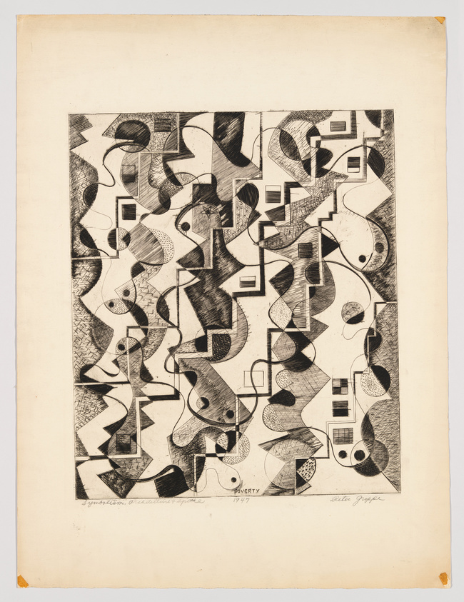 A black and white abstract print featuring a complex arrangement of geometric and organic shapes intermingled with shaded patterns. The artwork is titled "Poverty 1947" and is signed by the artist in the lower right corner. The paper shows signs of aging with slight discoloration around the edges.