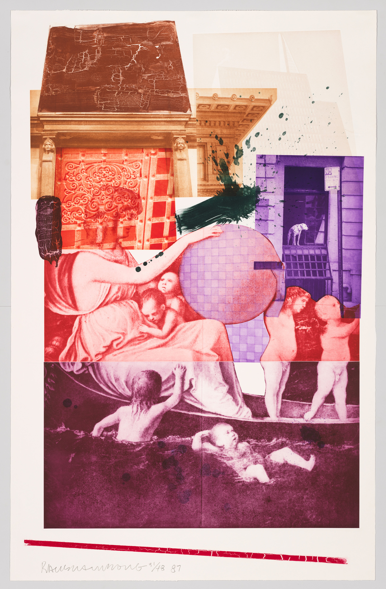 A collage artwork featuring a mix of classical and contemporary elements. The top portion shows a cracked brown surface above a classical red and gold architectural facade with Corinthian columns. To the right, a modern white building with splashes of green paint. A central purple-toned image depicts a woman holding a large, textured circle, obscuring part of a scene with cherubic figures. The bottom image is a red-tinted depiction of a child swimming. On the right, a purple house with a dog in the doorway and a "No Parking" sign. The artist's signature and edition number are at the bottom.