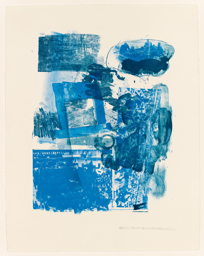 Abstract blue monotype print with various shapes and textures, including brush strokes, splotches, and layered rectangles, on a white background with the text "ARTIST'S PROOF RALPH HUMPHREY 62" handwritten at the bottom.