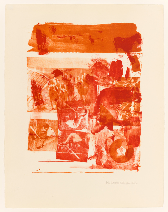 An abstract print with a warm red and orange color palette, featuring a mix of textured brushstrokes and what appears to be layered photographic images. The composition is dominated by a large, central abstract form with various figures and shapes that are somewhat obscured and fragmented, suggesting movement and a sense of chaos. The artwork is signed and numbered at the bottom.