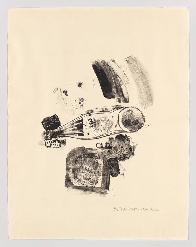 This is an abstract black and white print featuring various brush strokes, smudges, and stamped shapes on a cream-colored paper. There are bold, dark lines and lighter, more textured areas creating a dynamic composition. In the bottom right corner, there is a handwritten inscription and a signature.