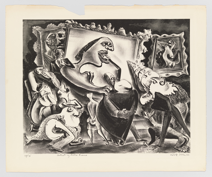 A black and white lithograph by Pablo Picasso featuring a surreal scene with distorted human figures and animals in a theatrical setting. The central figure is a large, bulbous character with a gaping mouth, surrounded by smaller, caricature-like individuals and creatures, including a fox and an owl. Some figures appear to be engaged in conversation or performance, and two framed pictures of animals hang in the background. The artwork is titled "Gustavo's Public Picasso" and is numbered and signed by the artist.