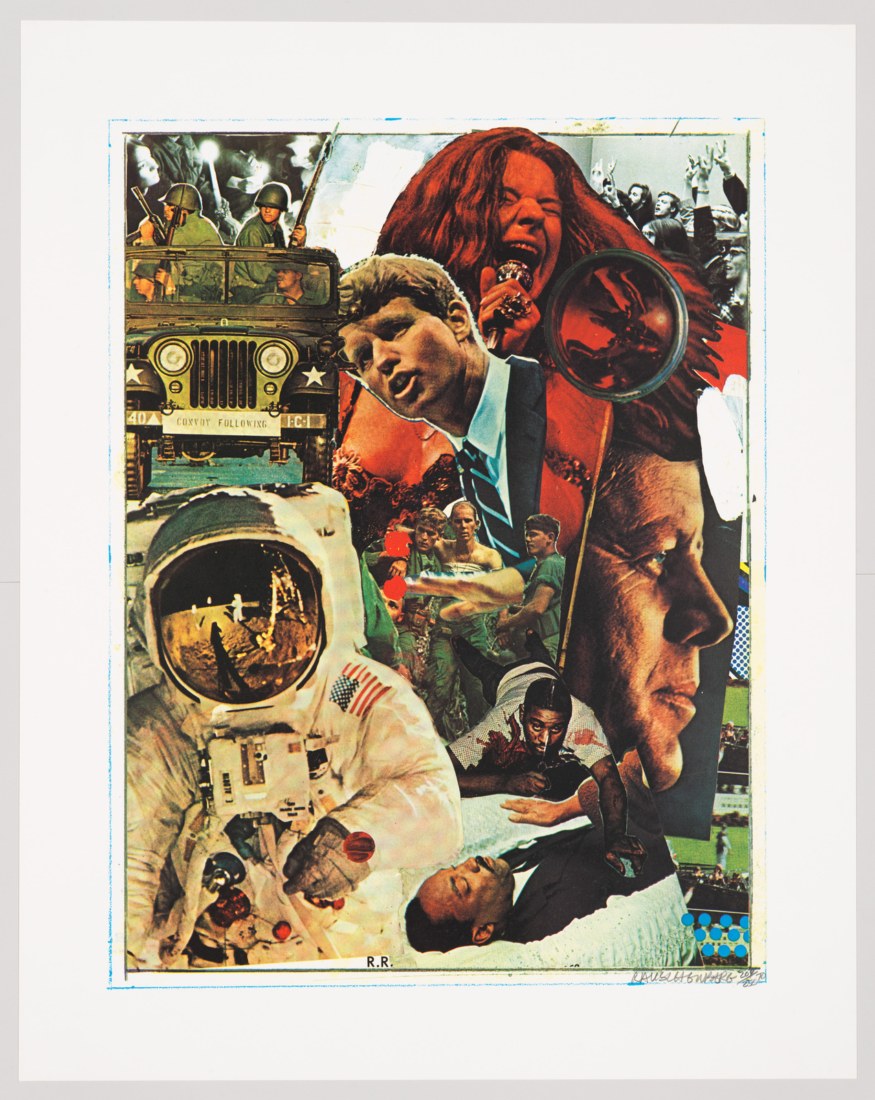 A collage featuring a variety of images including an astronaut in a spacesuit, a military jeep with soldiers, a singer with a microphone, and several other overlapping figures and scenes, creating a complex visual narrative. The artwork is signed with the initials "R.R." and dated 2012 in the bottom right corner.