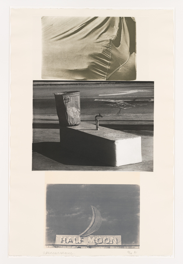 Three black and white images: fabric folds, a faucet with a bucket, and a "Half Moon" sign.