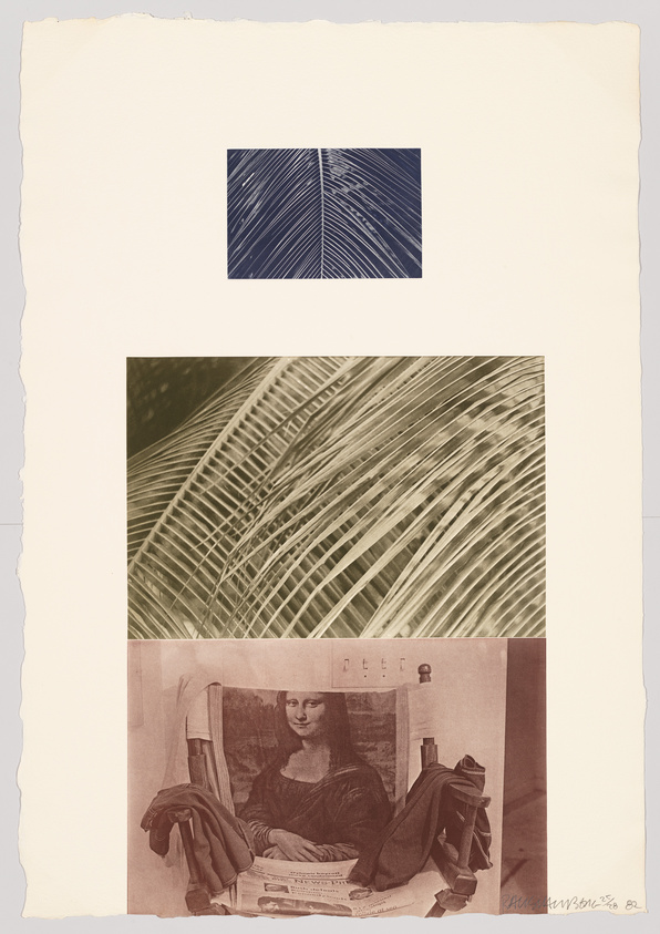 Three images: a blue leaf pattern, a close-up of green leaves, and the Mona Lisa with draped fabric.